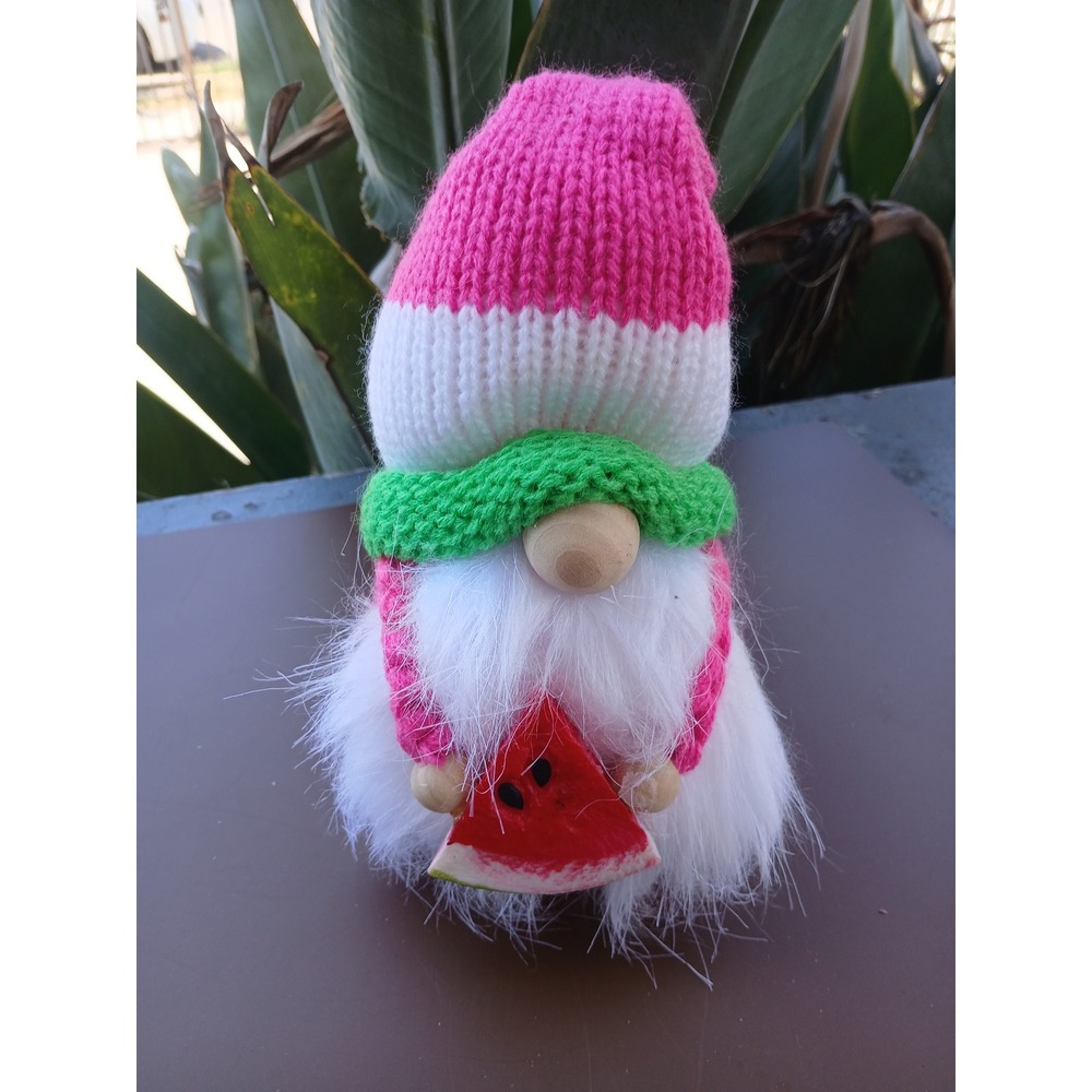Handmade Summer Watermelon Gnome Plush Knit Pink Green White Seasonal Decor 7.5"